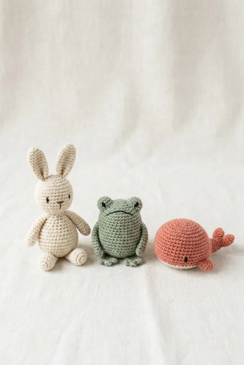 A handmade crocheted amigurumi figure showing shaped pieces and careful assembly.