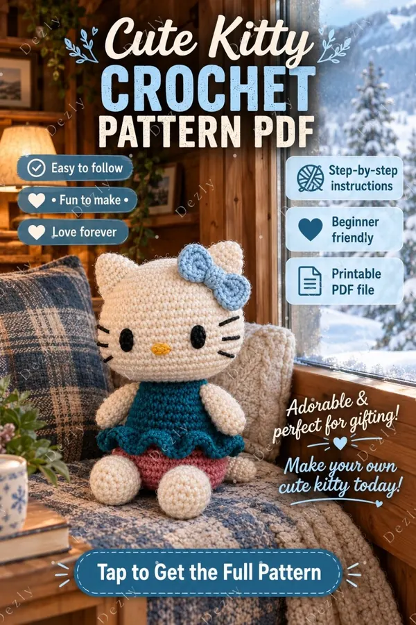 Pinterest graphic featuring a cream crocheted kitty doll in a warm snowy cabin.