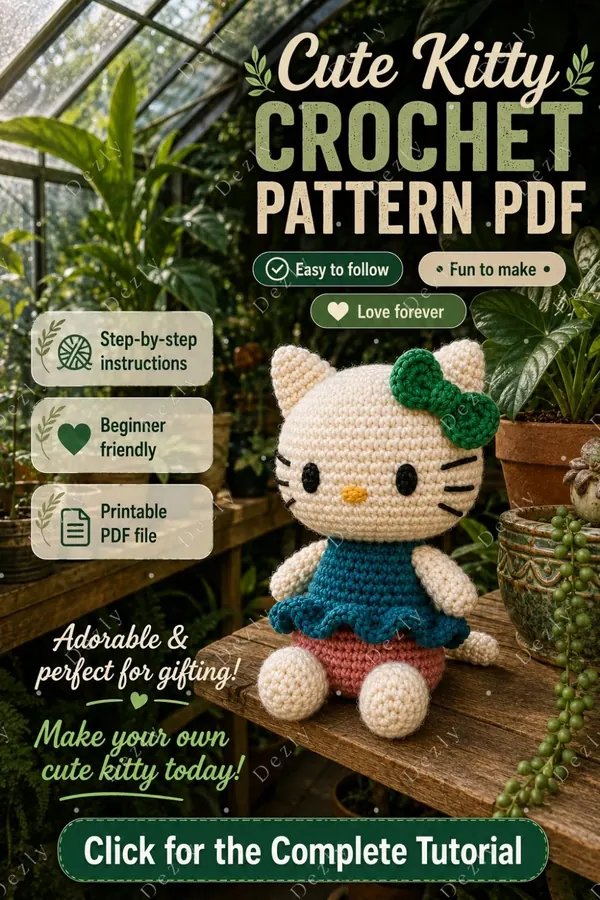 Pinterest graphic featuring a cream crocheted kitty doll in a bright garden room.