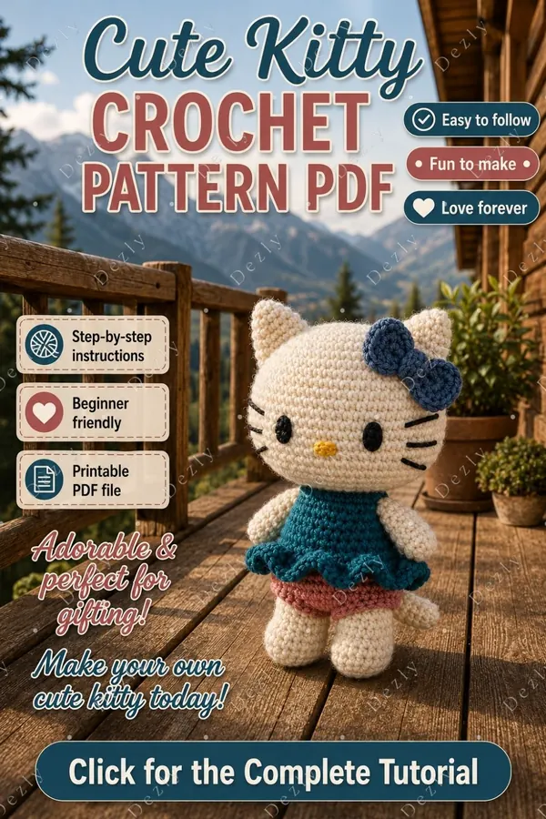 Pinterest graphic featuring a cream crocheted kitty doll against a mountain view.