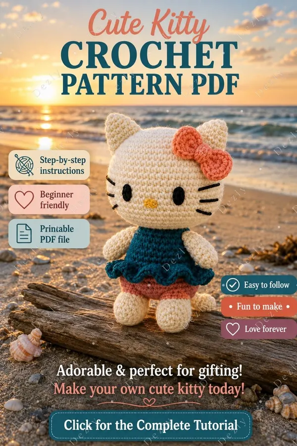 Pinterest graphic featuring a cream crocheted kitty doll beside a sunlit seaside view.