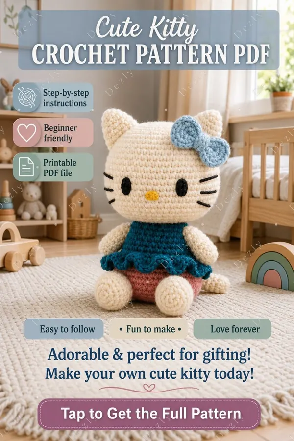 Pinterest graphic featuring a cream crocheted kitty doll in a pastel craft studio.