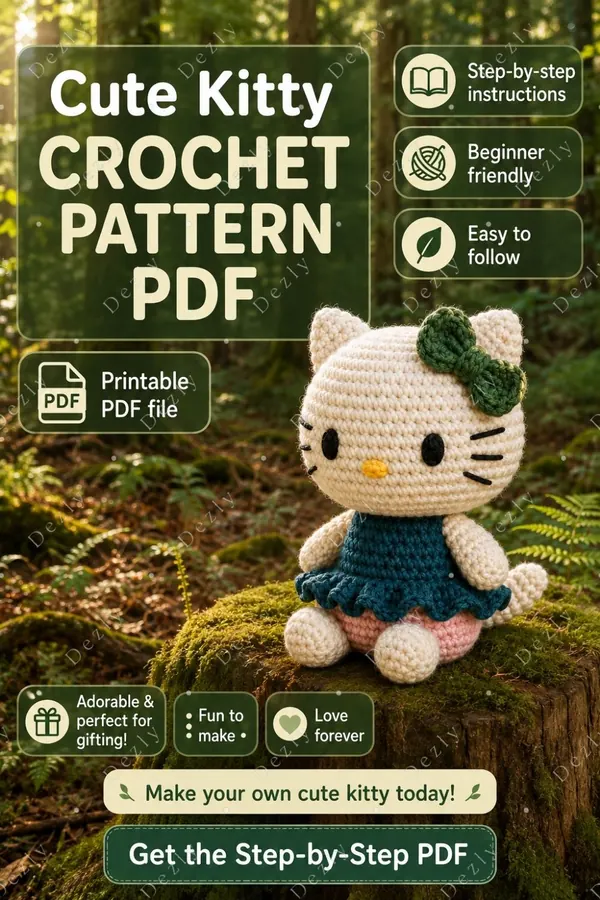 Pinterest graphic featuring a cream crocheted kitty doll in a green forest garden.