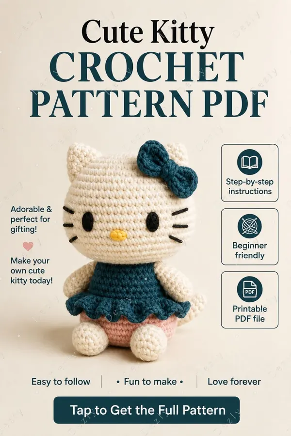 Minimal Pinterest graphic featuring a cream crocheted kitty doll on a light studio background.