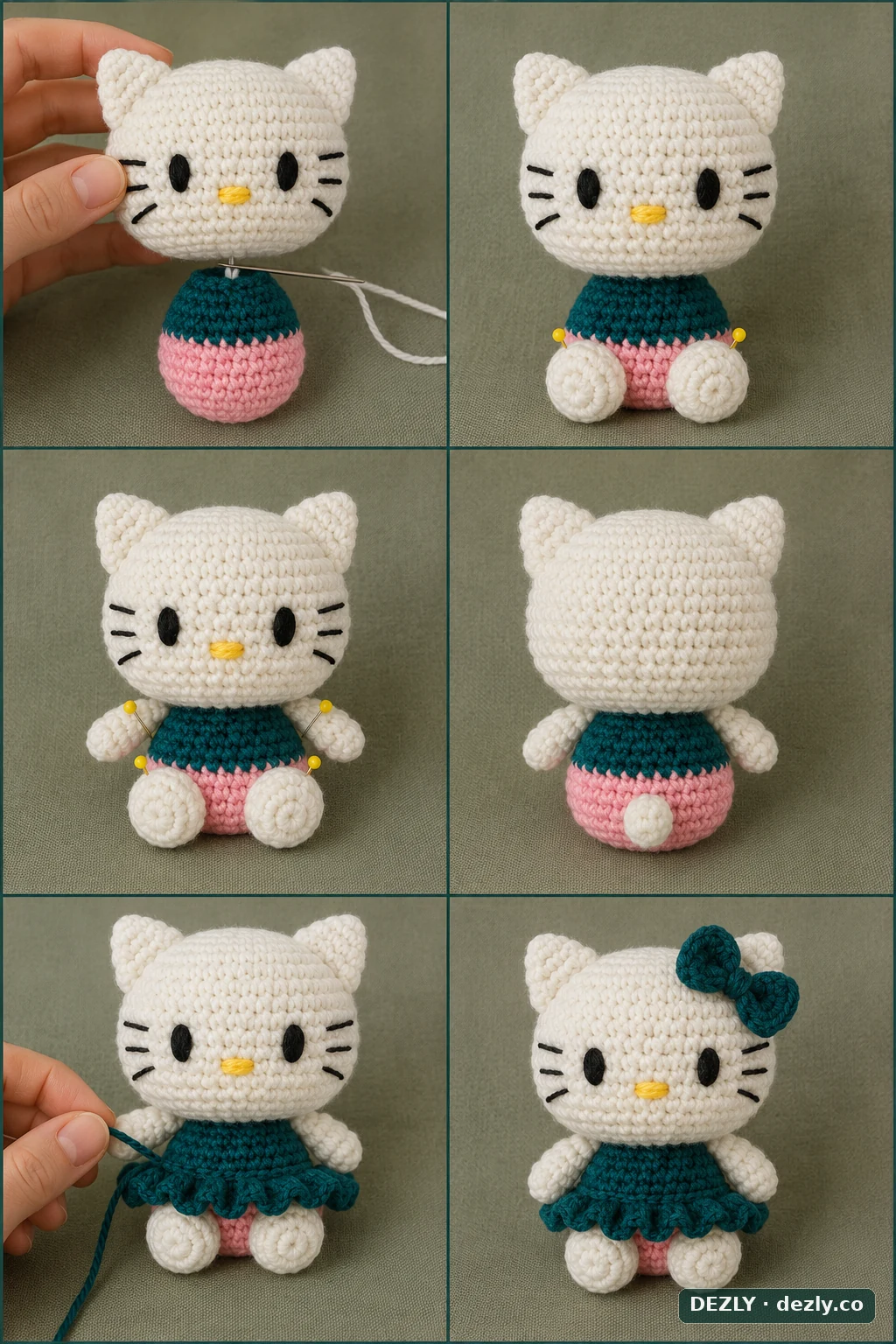 Six-step sequence showing the crocheted figure assembled and finished.