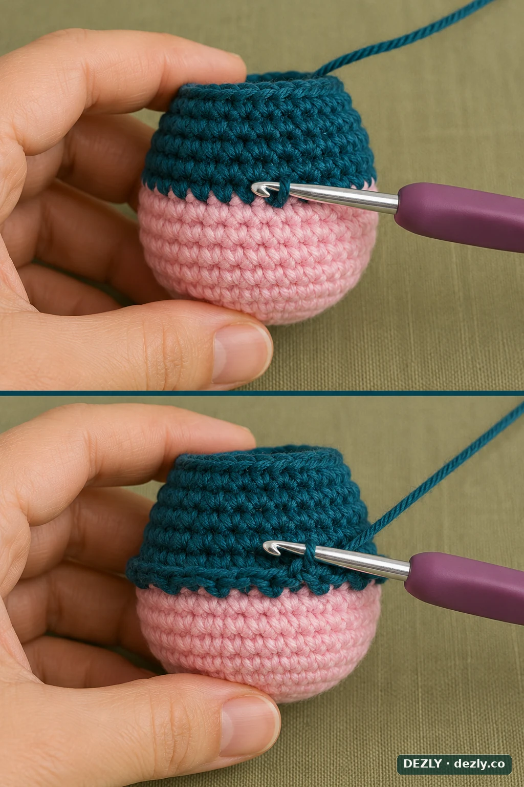 Two-step sequence showing hook placement for the attached ruffled skirt.