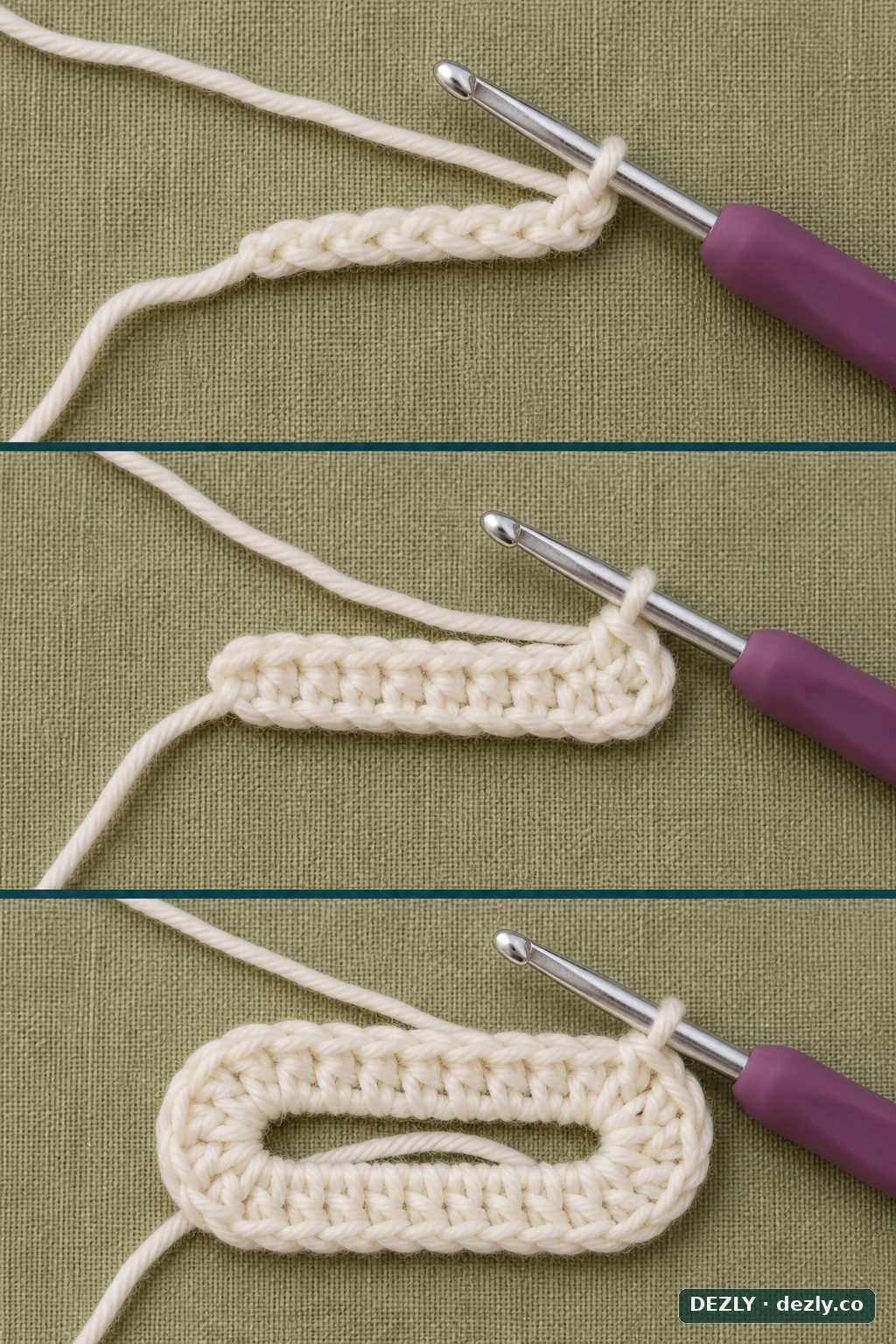 Three-step sequence showing a foundation chain worked on both sides to begin the oval head.
