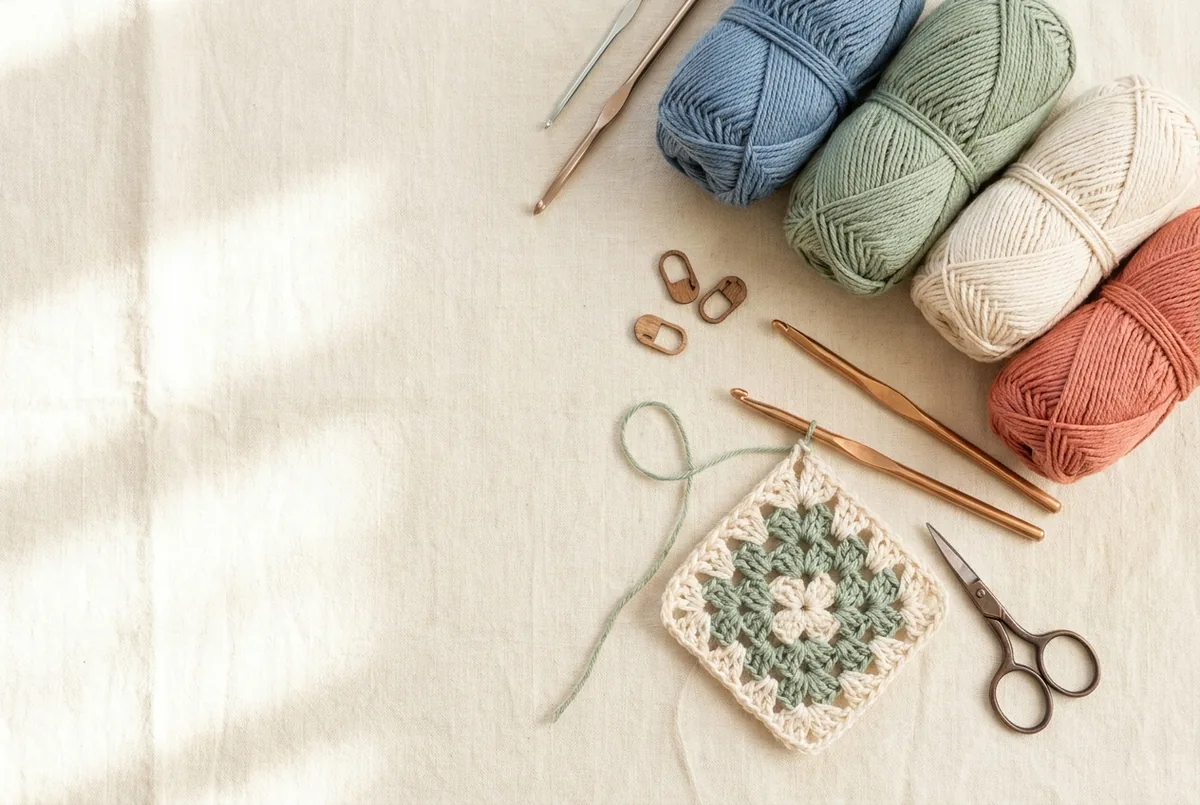 Crochet hooks, scissors, yarn, and a finished square arranged for learning.