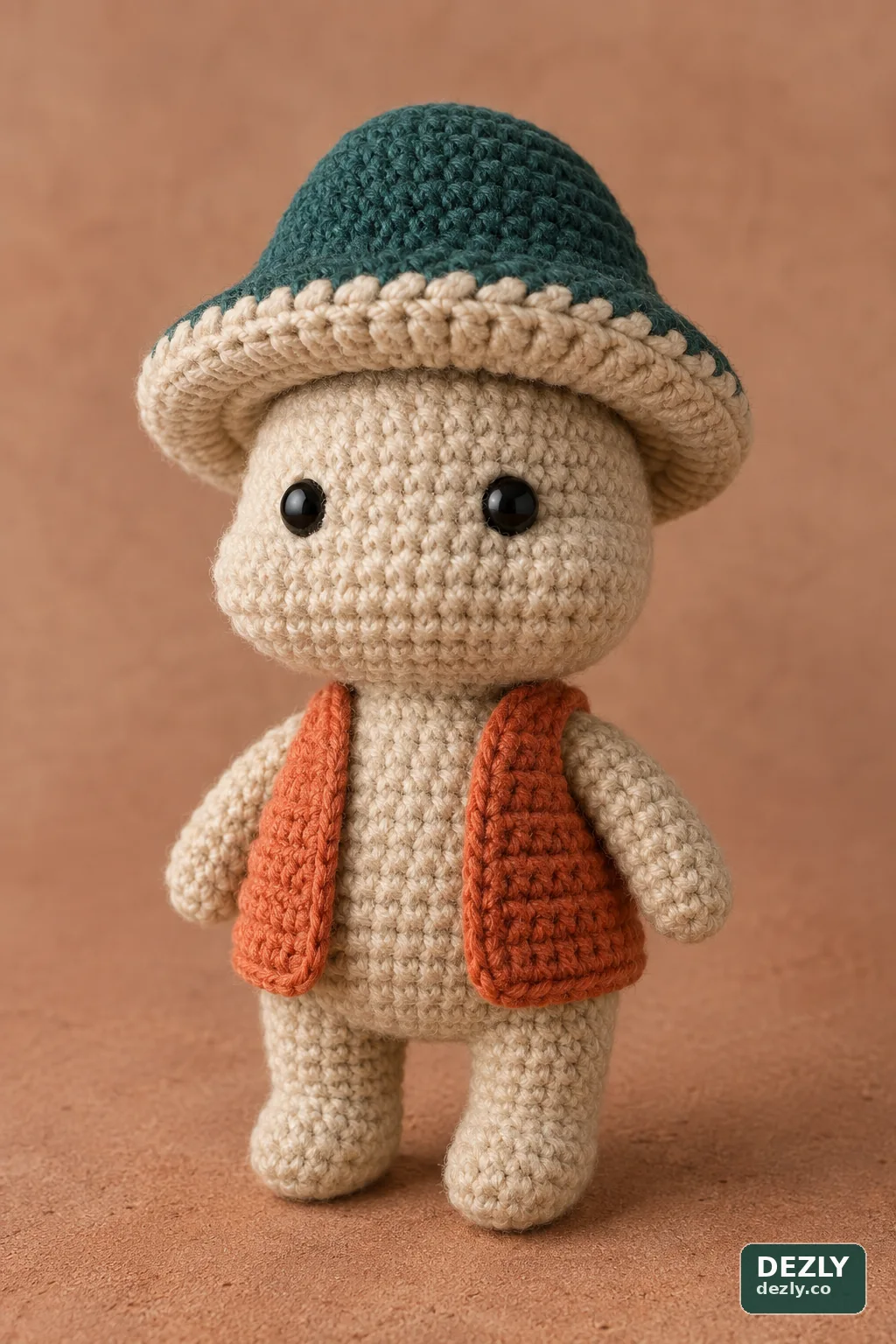 Finished mushroom man amigurumi doll wearing a two-layer cap and removable vest.