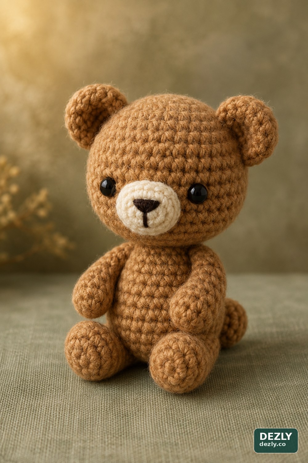 Completed tiny crochet teddy bear with a round head, oval snout, short arms, and seated feet.