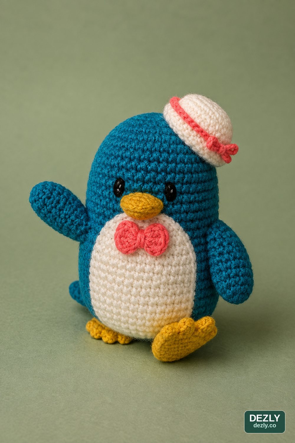Finished Tuxedo Sam crochet penguin with sailor hat, bow, tummy patch, wings, and feet.