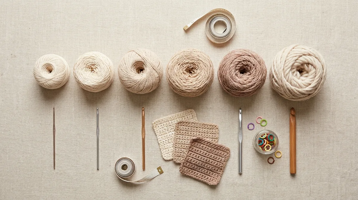 Several yarn colors and crochet tools arranged to compare materials.